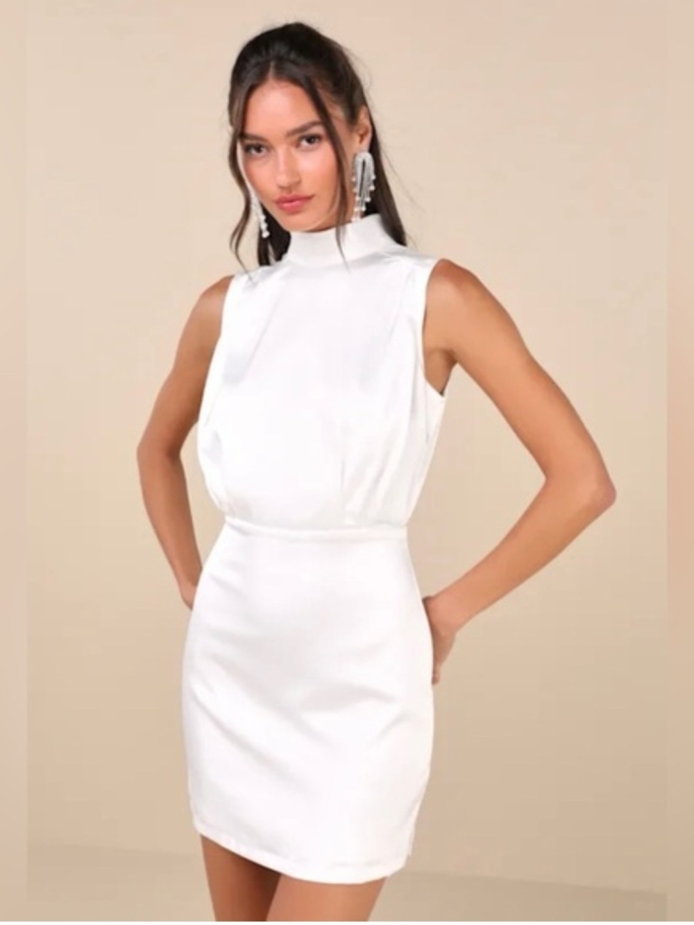 Lulu's Classic Elegance White Satin High-Neck Sleeveless Mini Dress SZ M NWTs